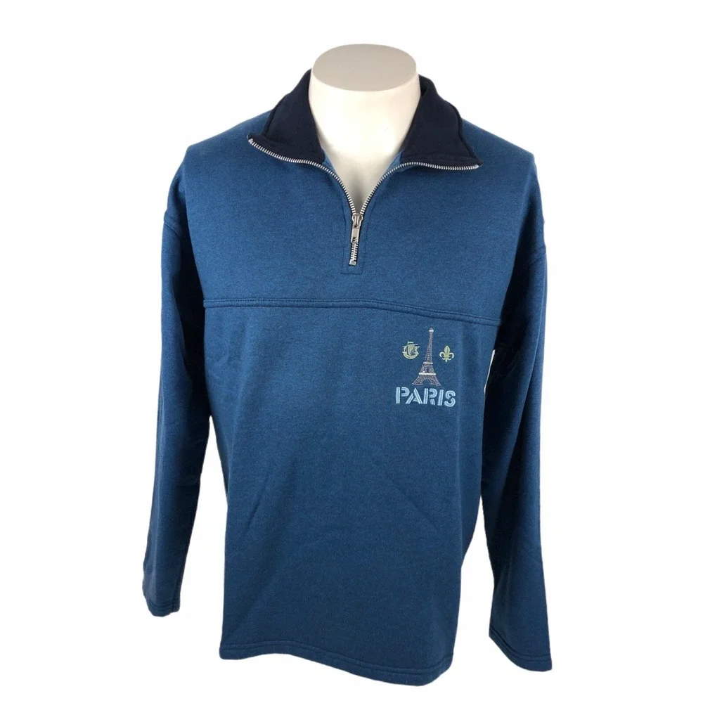 Paris France Mens Large Sweatshirt Vintage 1/4 Zip Eiffel Blue Made In France